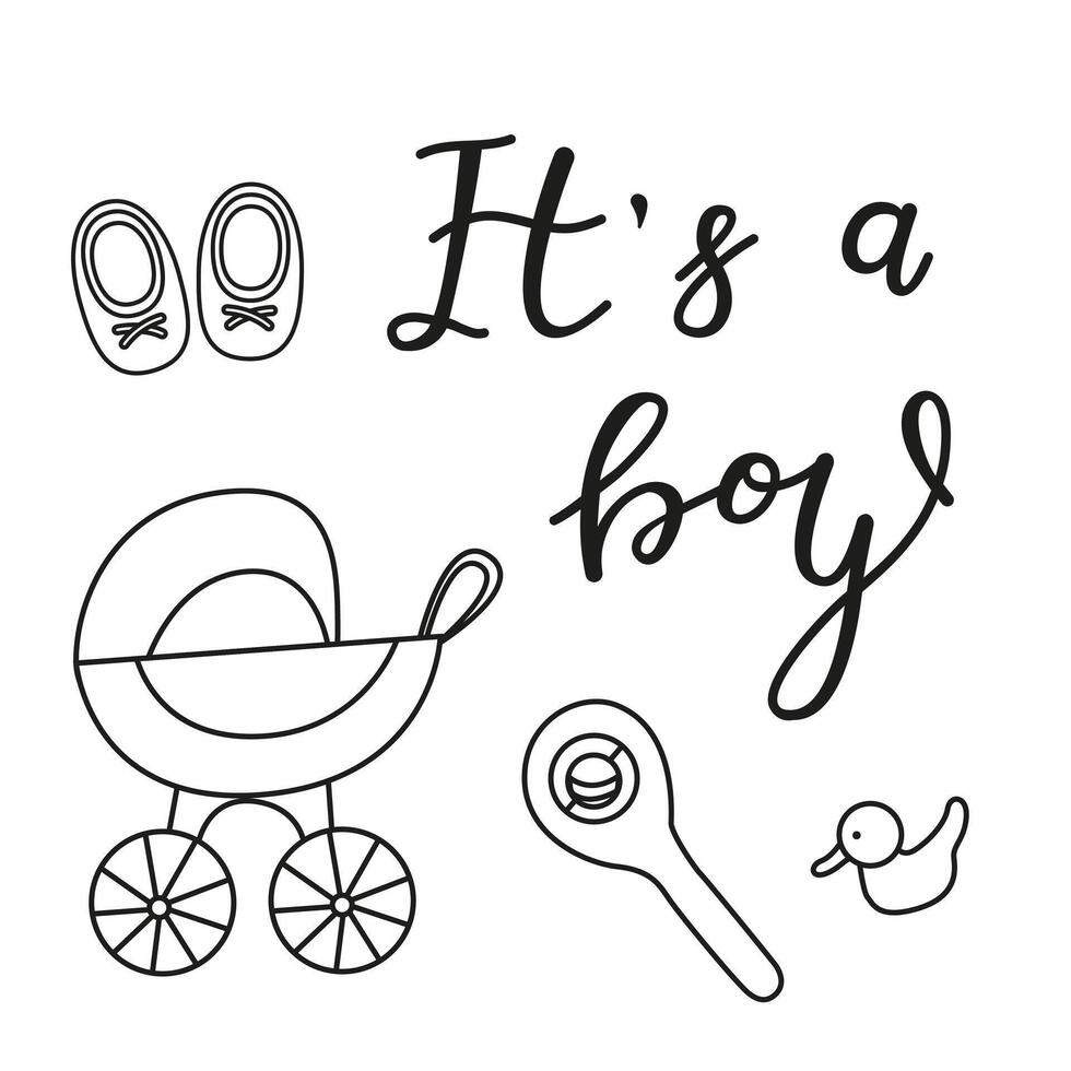 Greeting card for the birth of a Boy. Image of a baby carriage and things for newborns in doodle style. invitation card template for baby gender reveal party. vector