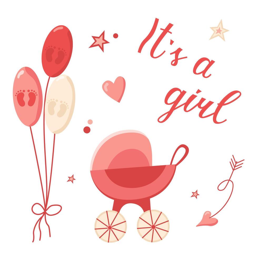Greeting card for the birth of a Girl, hand drawn in pink. invitation card template for baby gender reveal party. Color illustration with balloons and a baby stroller for newborns vector