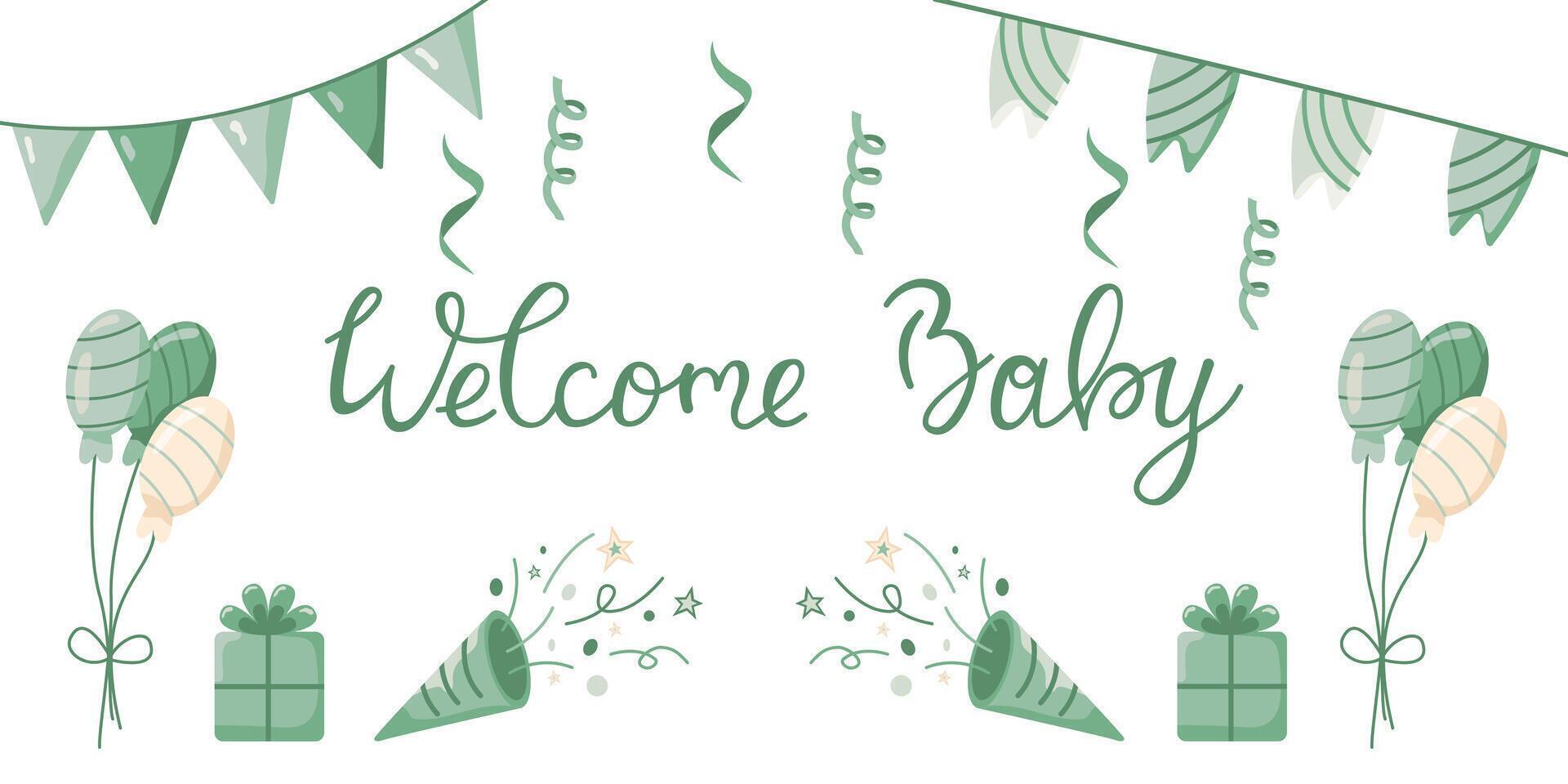 invitation card template for baby gender reveal party. Welcome baby greeting card. Color illustration with balloons and gifts in color for boys on a white background. vector