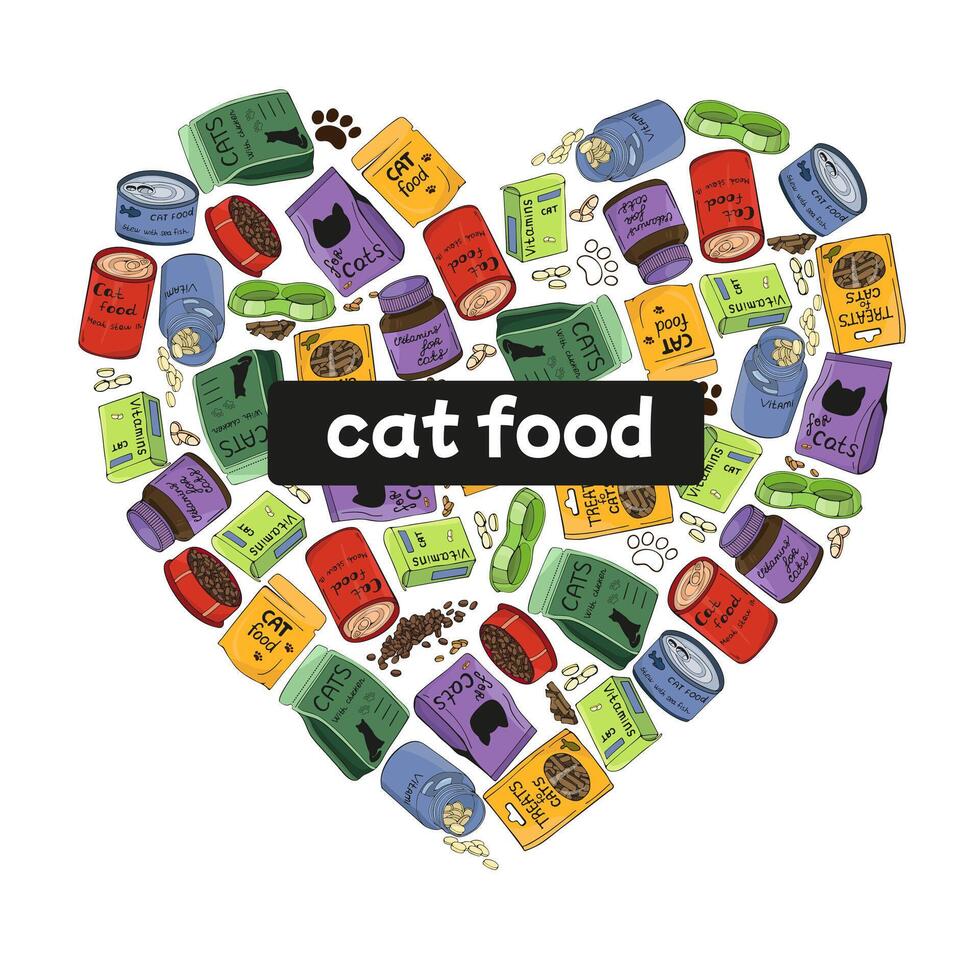 set of Cat Food in the shape of a heart. Color image of pet food. vector