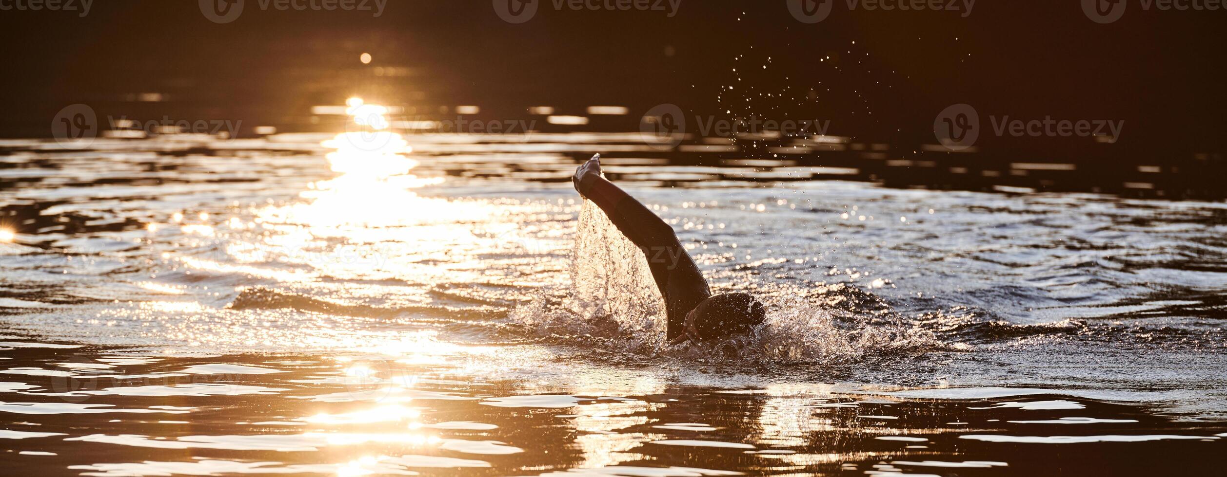 Triathlon athlete swimming on lake in sunrise wearing wetsuit photo