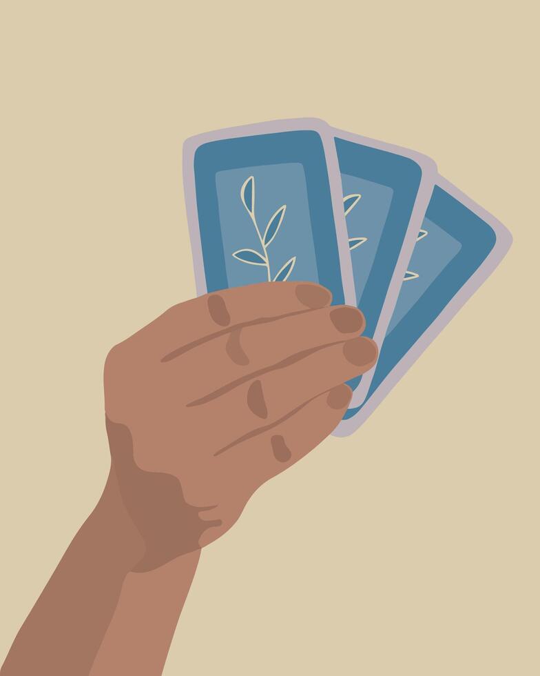 Illustration of tarot cards in human hand. Divination. Prediction of the future. vector