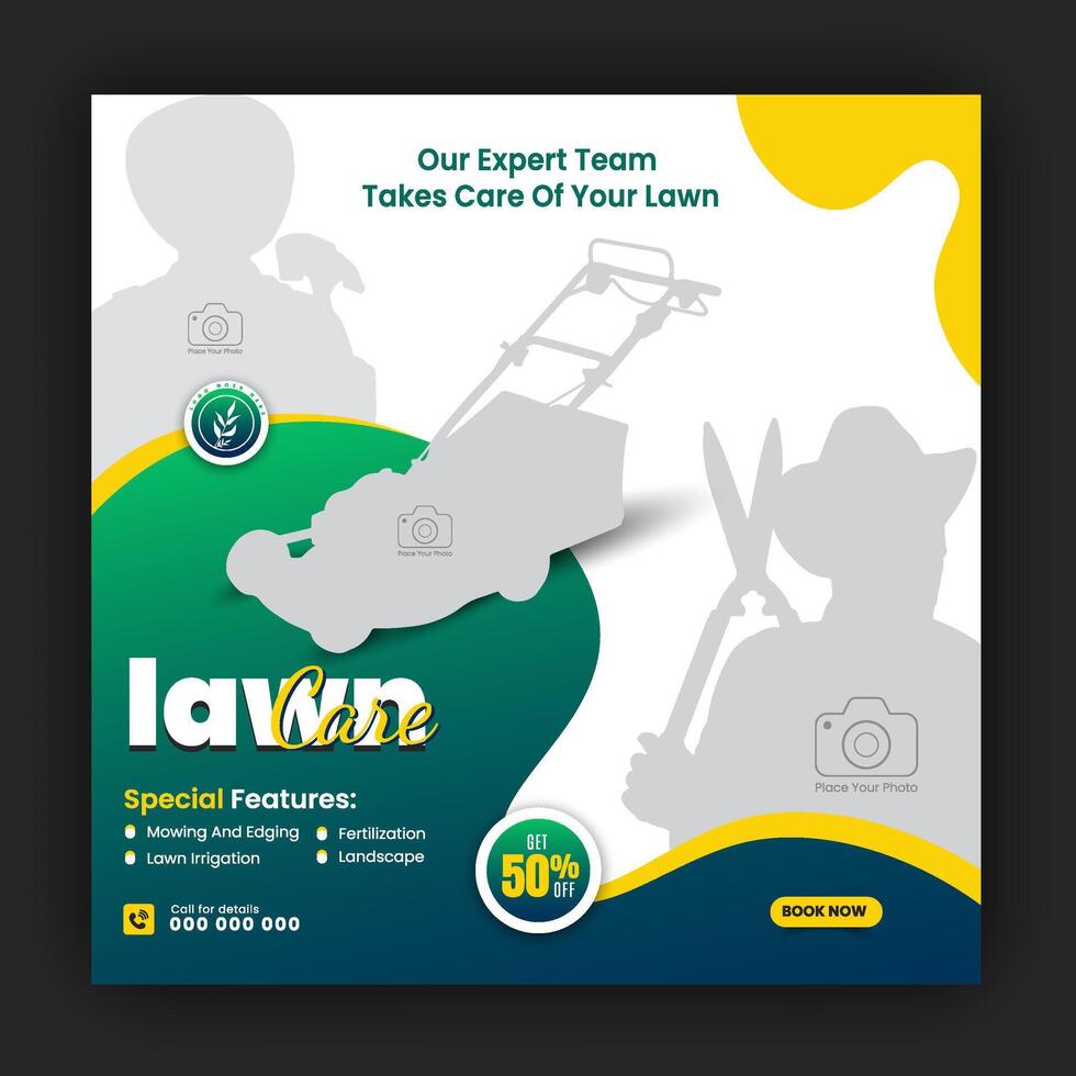 Organic food and agriculture service for social media cover or post design template, modern lawn mower garden, or landscaping service with green gradient background and abstract yellow color shape vector