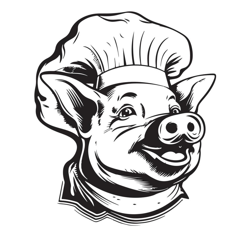 Smiling Porky Pig Logo Cartoon Character. Happy Pig Chef Head Cartoon. vector