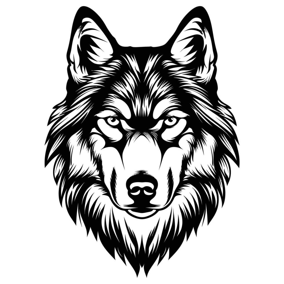 black and white angry wolf head mascot facing forward on a white background. vector