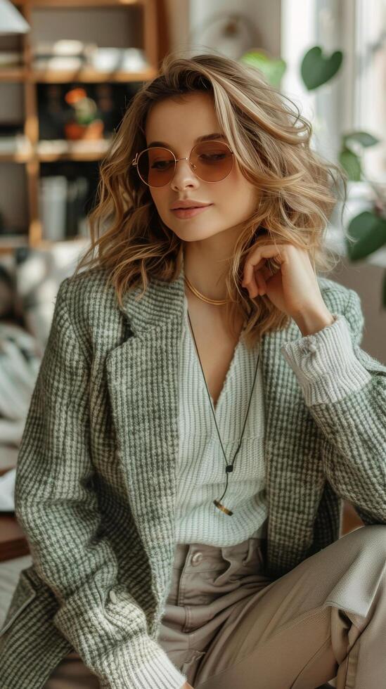 Woman Sitting on Couch Wearing Sunglasses photo