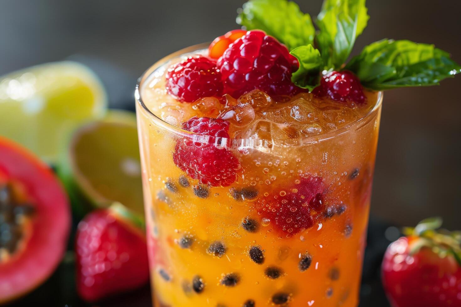 Colorful Drink With Oranges and Raspberries in a Glass photo
