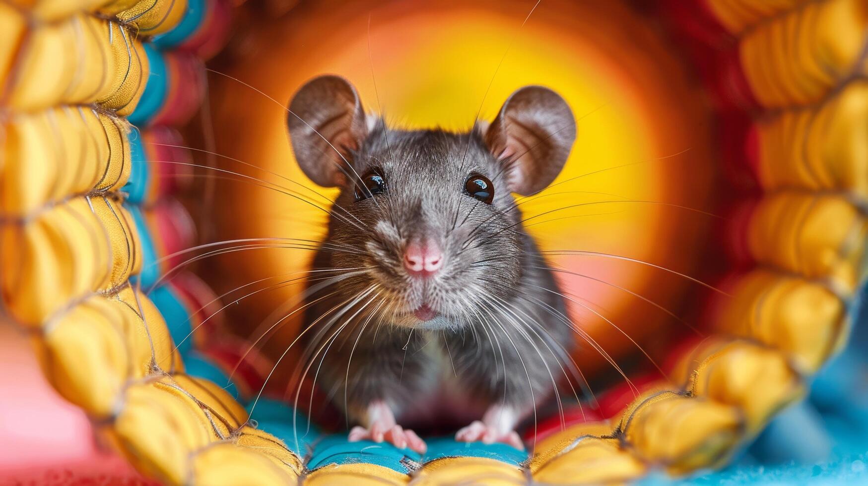 Gray Rat Sitting Inside Colorful Tunnel photo