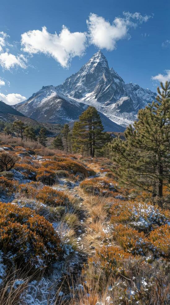 Snow Covered Mountain With Trees and Grass photo