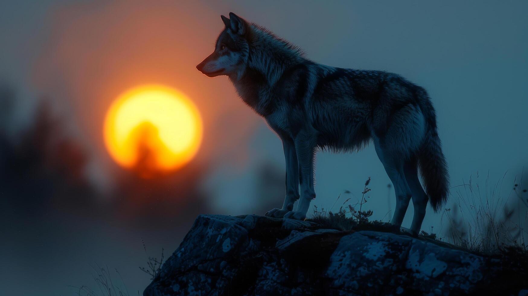 Wolf Standing on Hill Under Full Moon photo