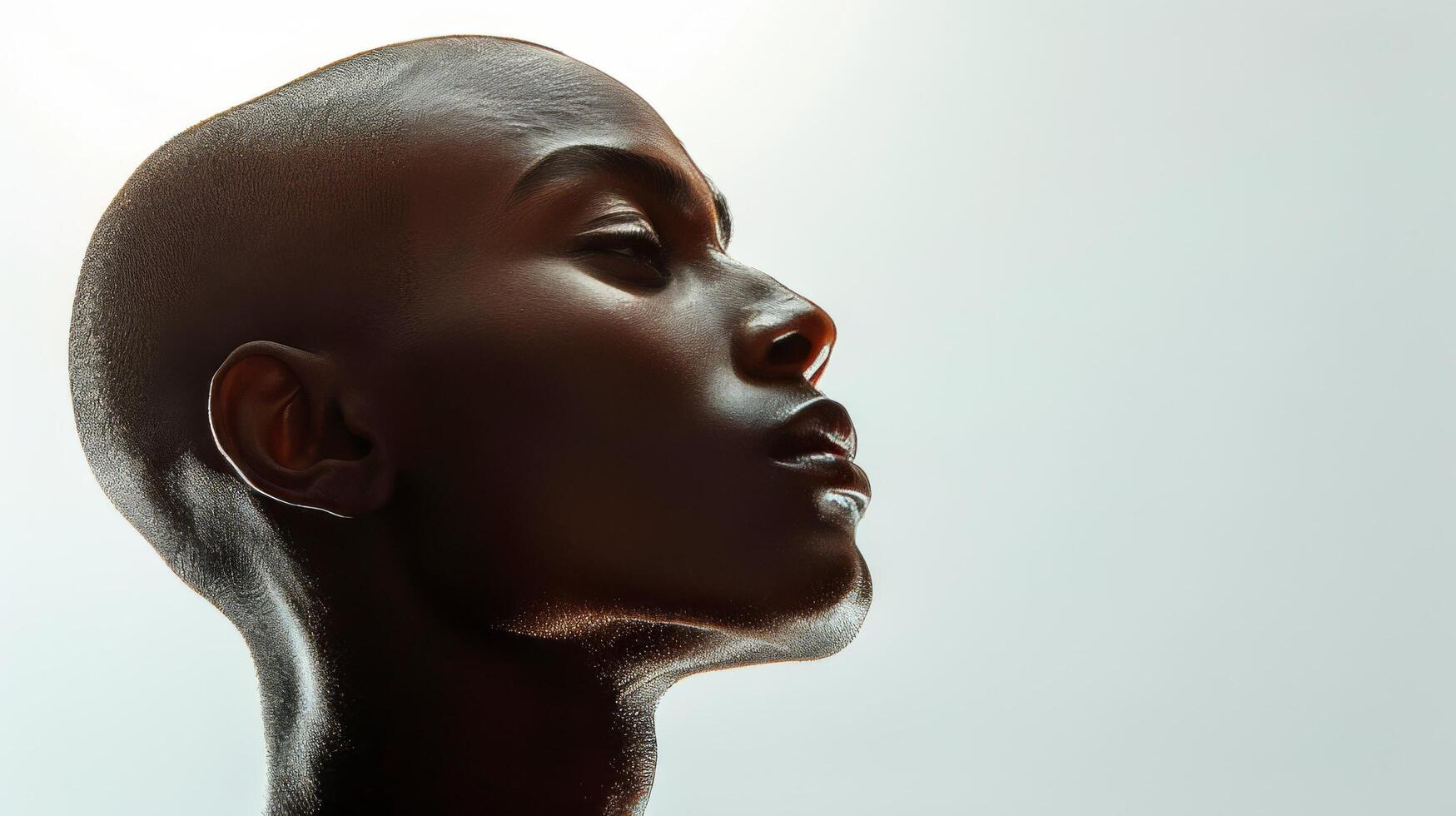 An artistic close-up of a bald man's profile, with the contours of his face and the smoothness of his scalp accentuated by soft lighting photo