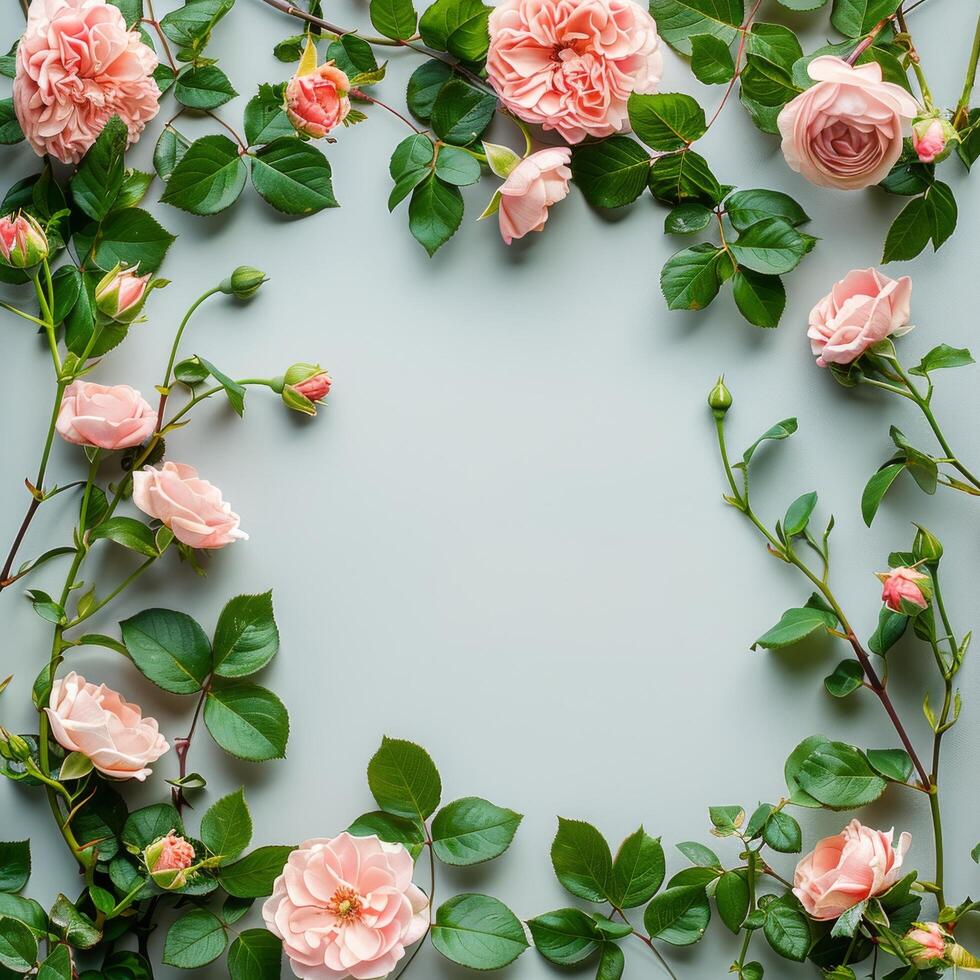 Pink Roses and Green Leaves on Gray Background photo