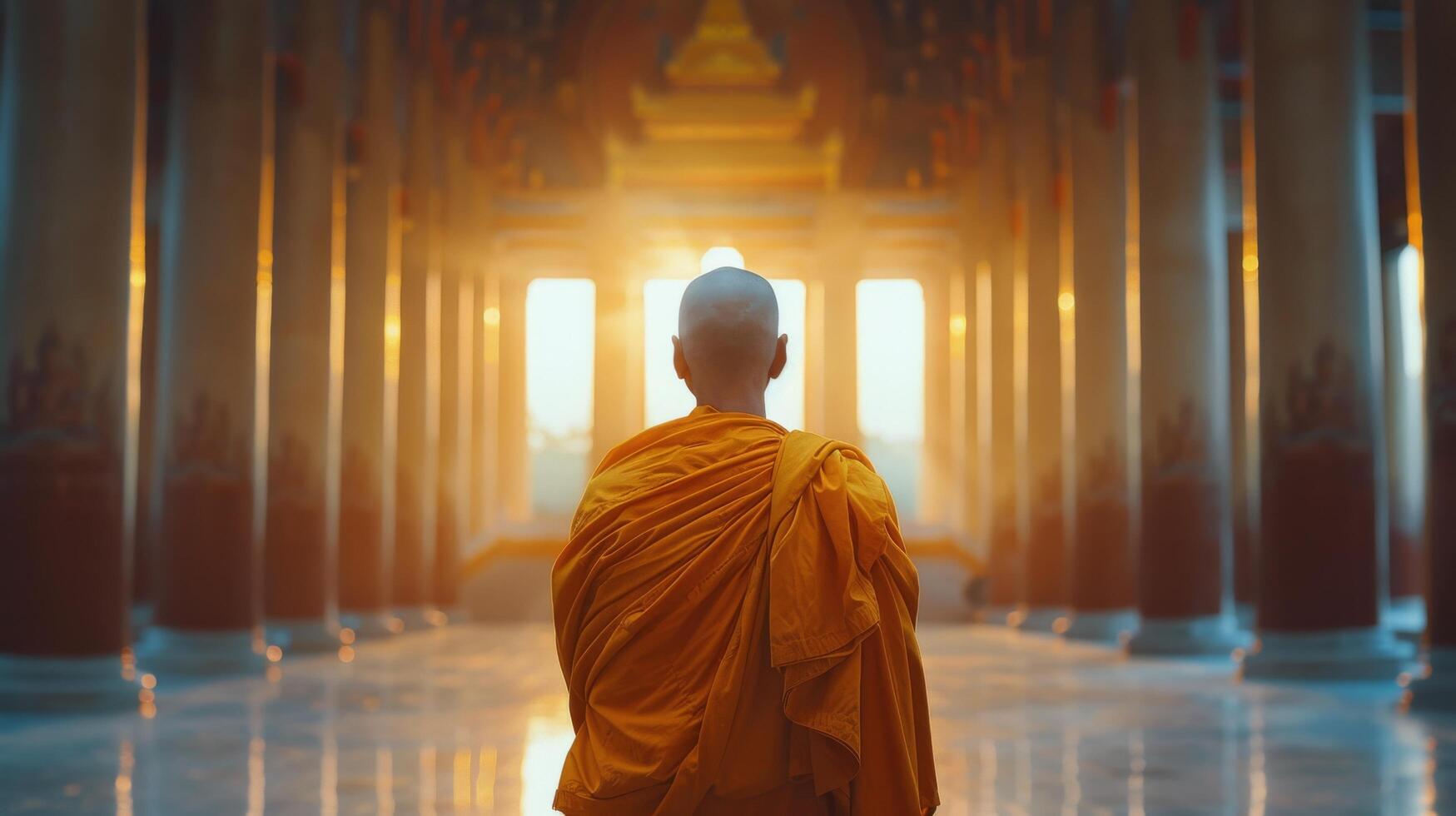 Monk in Orange Robe Standing in Temple photo