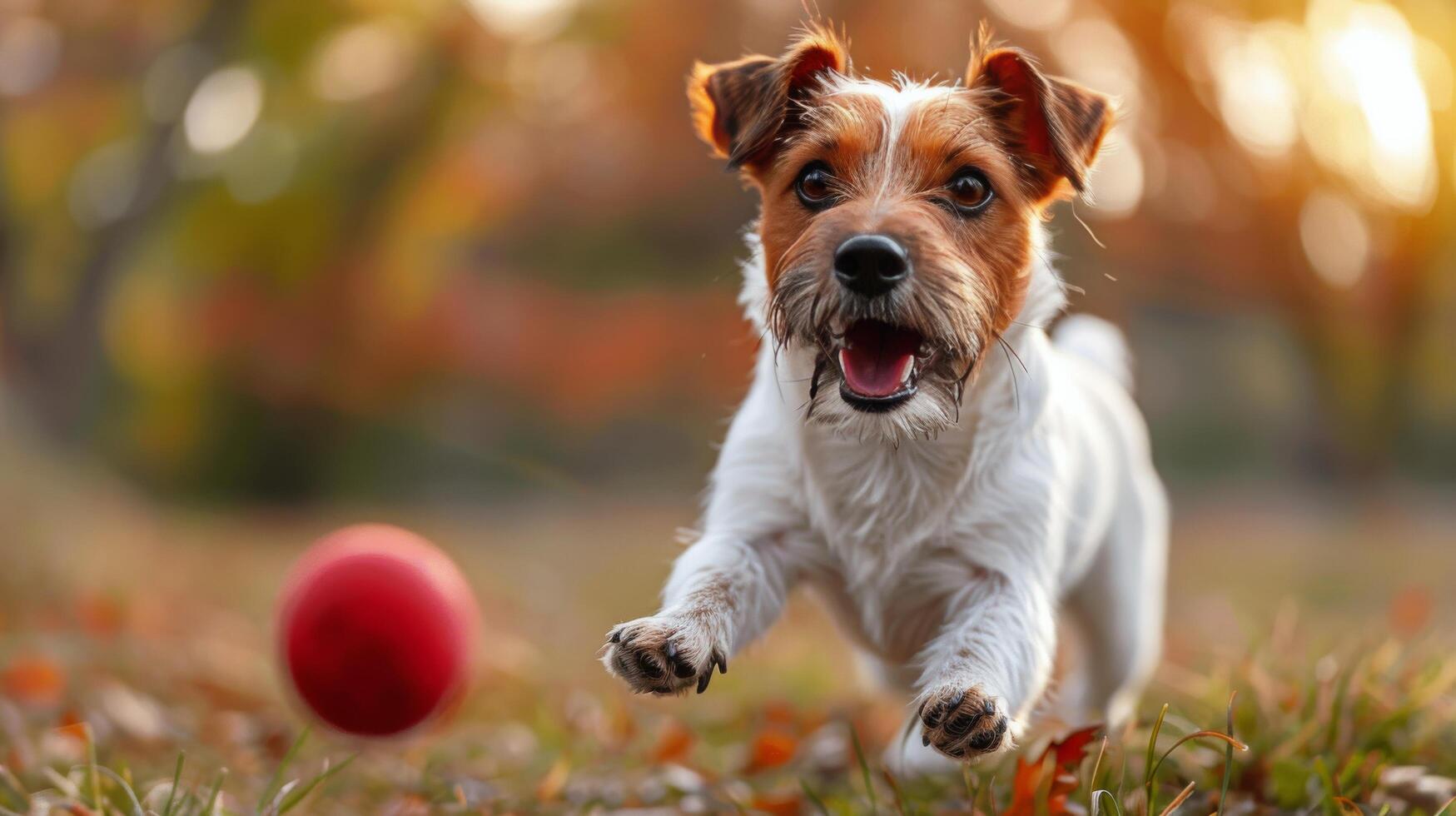 Dog Running Towards Red Ball in Grass photo