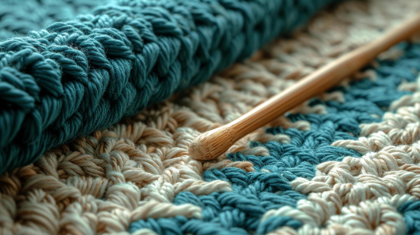 Close Up of Crocheted Blanket With Wooden Knitting Needle photo