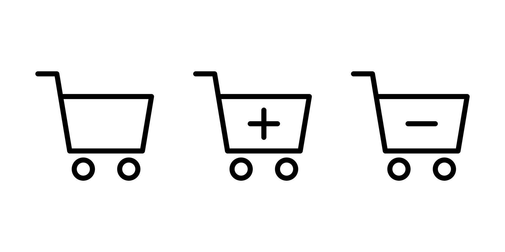 Cart, add to cart, remove from cart icons in line style design isolated on white background. Editable stroke. vector