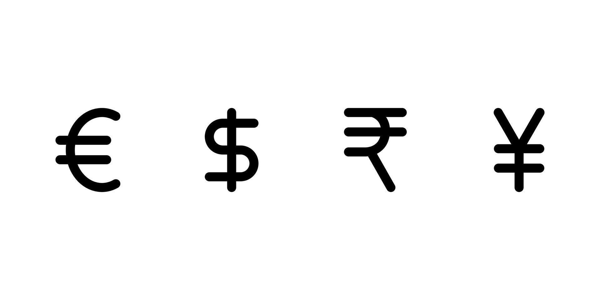 European Euro, United states Dollar, Indian Rupee and Japanese Yen currency symbol icons in line style design isolated on white background. vector