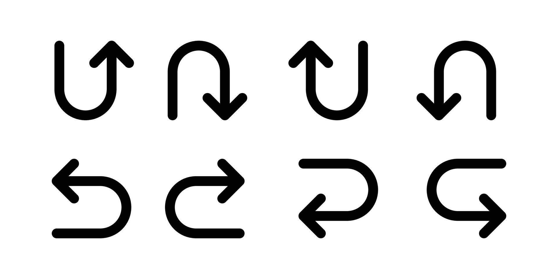 U turn arrow symbol icon set in line style design isolated on white background. Editable stroke. vector