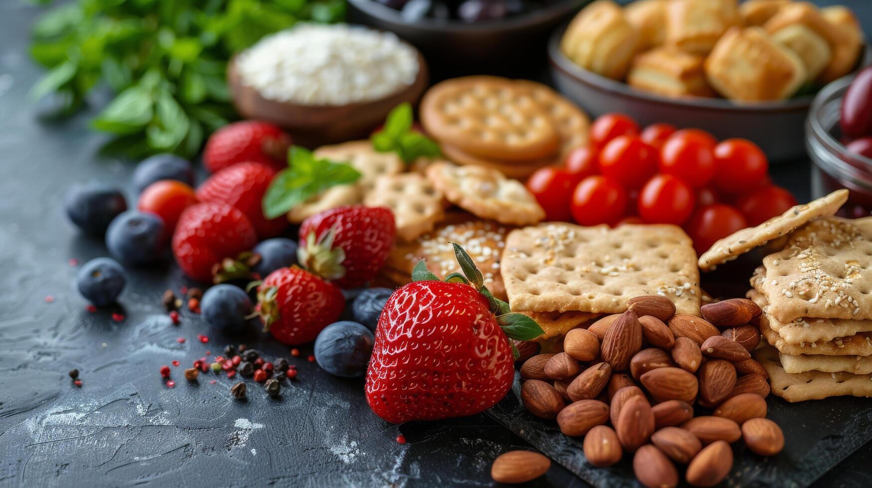 Variety of Food Displayed on Table photo