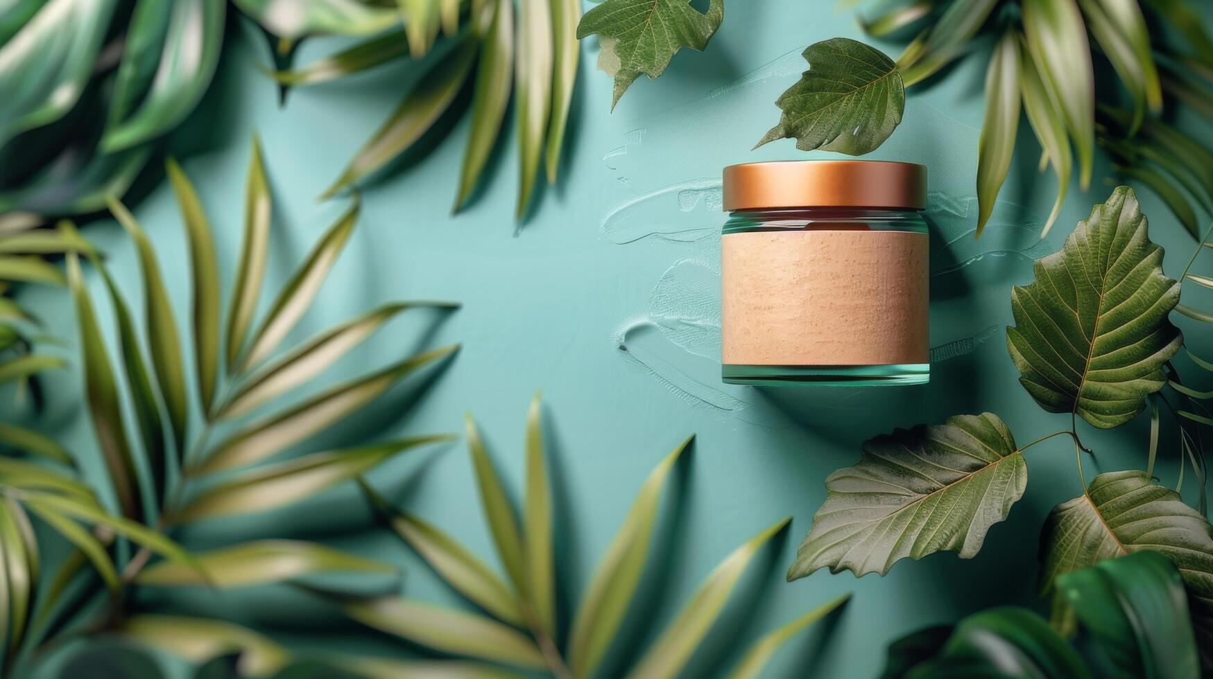 Jar of Body Butter Surrounded by Tropical Leaves photo