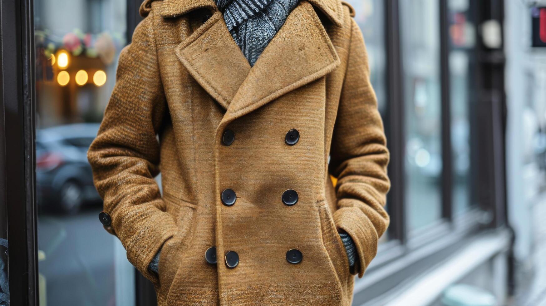 Man in Brown Coat Standing in Front of Building photo