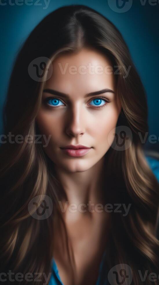 A woman with long brown hair and blue eyes photo