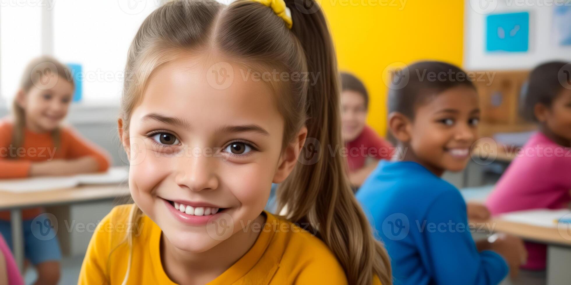 A girl with a ponytail is smiling at the camera in a classroom photo