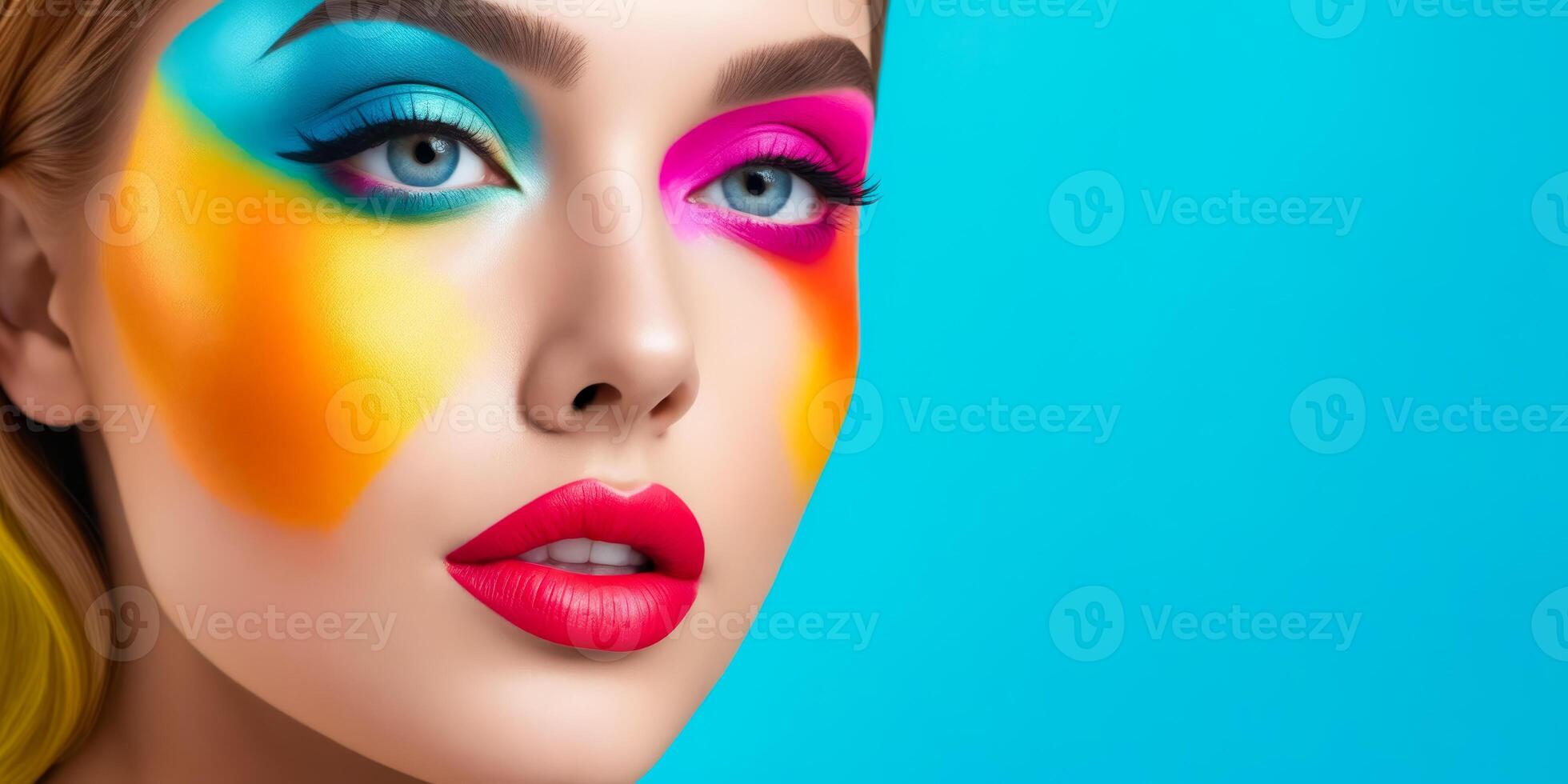 A woman with colorful makeup on her face photo