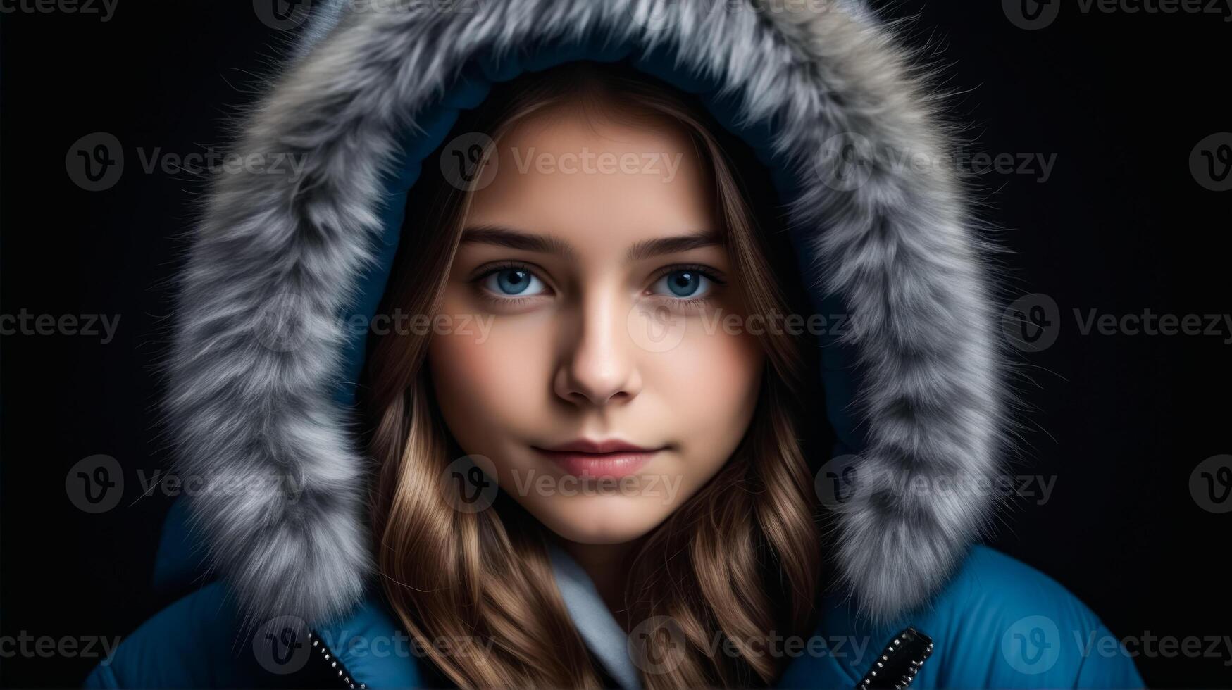 A young woman wearing a blue coat with a fur hood photo