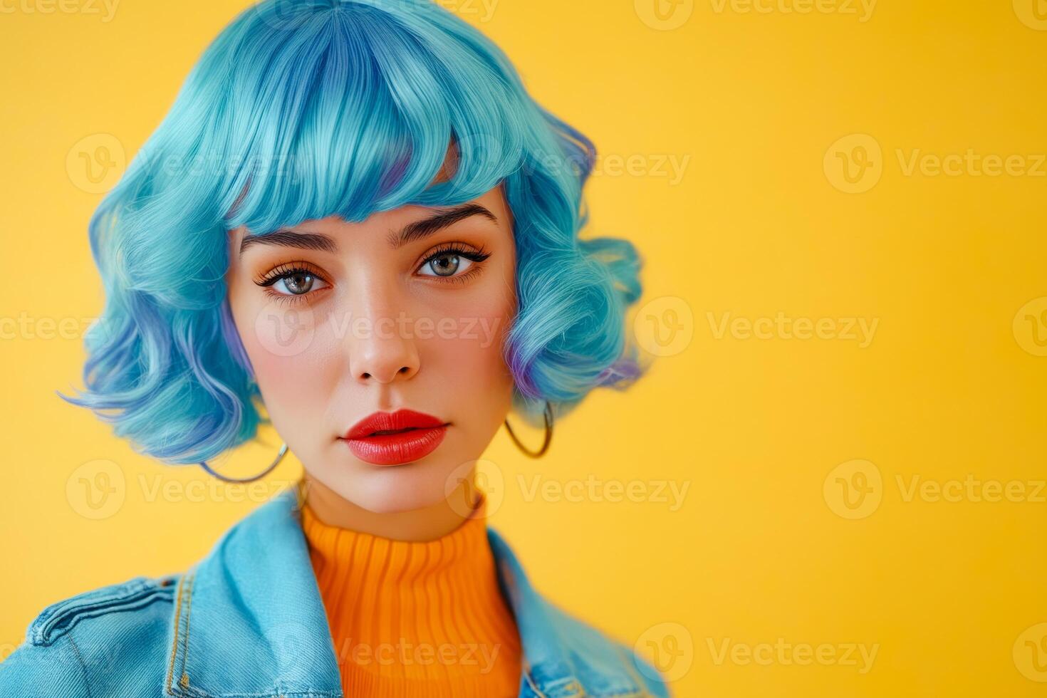 Woman with blue hair and yellow background photo