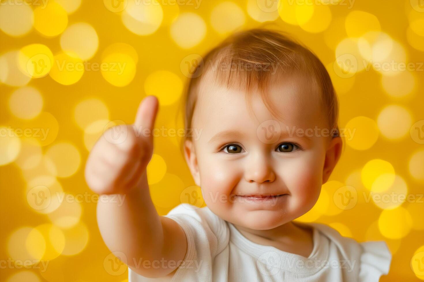 A baby is smiling and giving a thumbs up photo