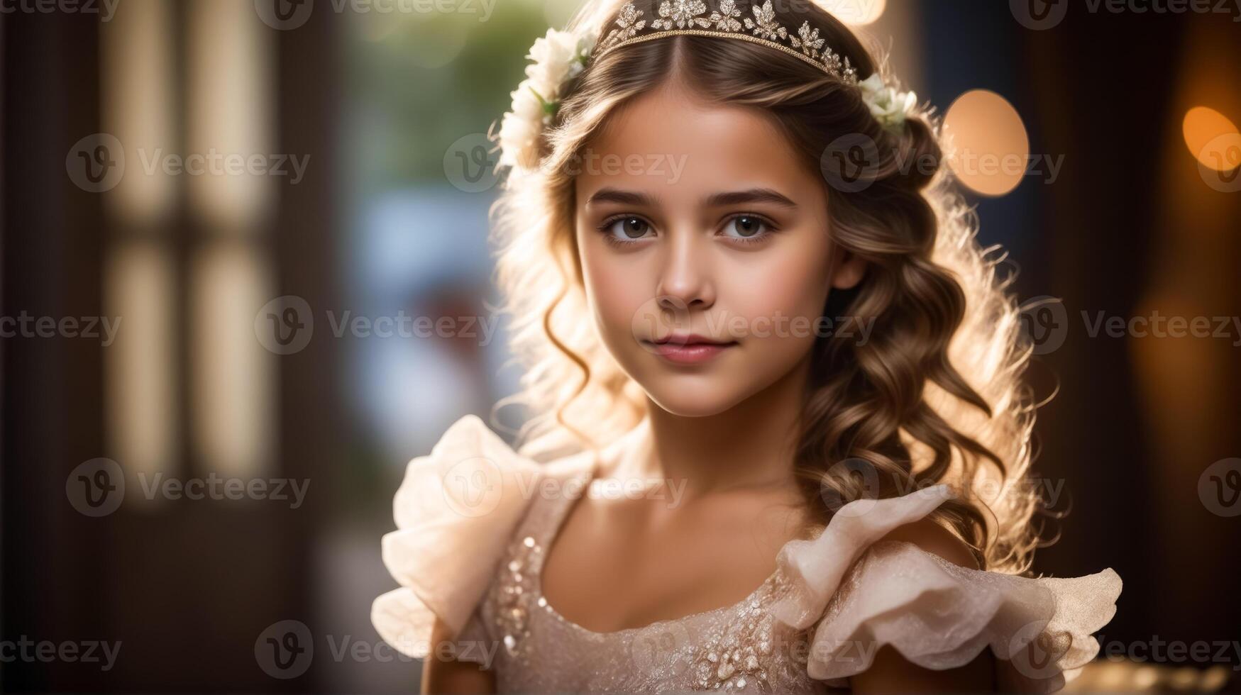 A young girl wearing a tiara and a dress with a flowery design photo