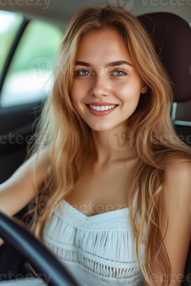Woman with white top and red hair smiles while looking at the camera from behind the wheel of car photo