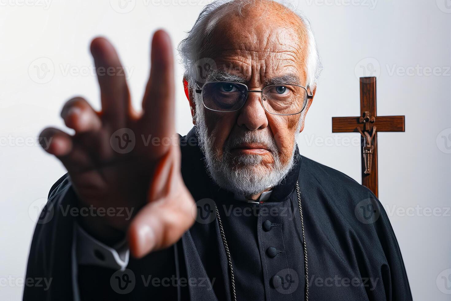 A priest with glasses and a cross in his hand photo