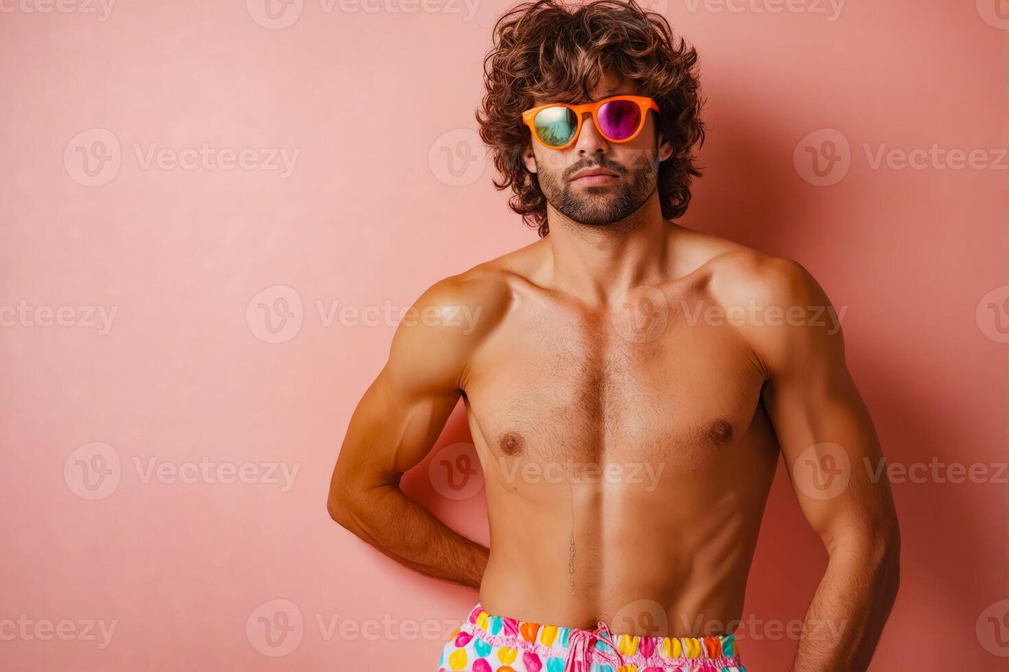 Man in colorful swim trunks posing on pink wall photo