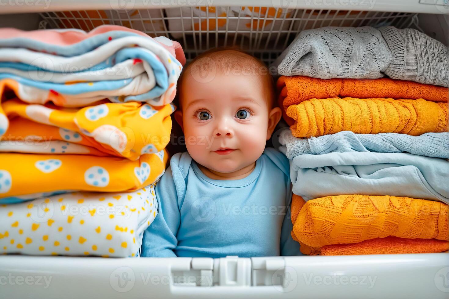 A baby is looking at the camera while sitting in a laundry basket photo