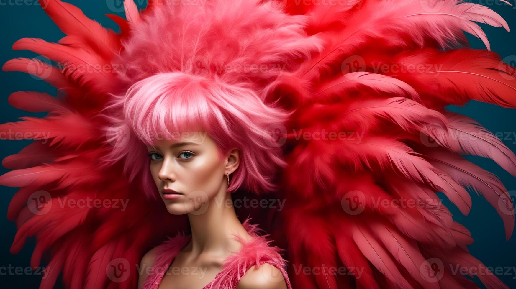 A woman with pink hair and a red feathery hat photo