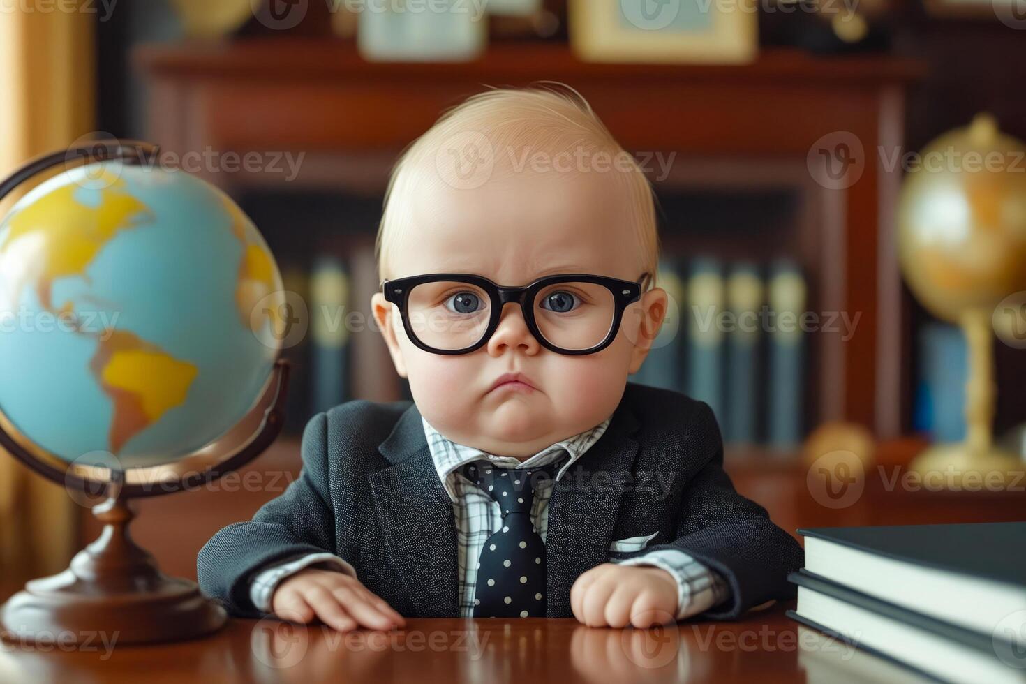 Baby wearing suit and tie sitting at desk with globe on it photo