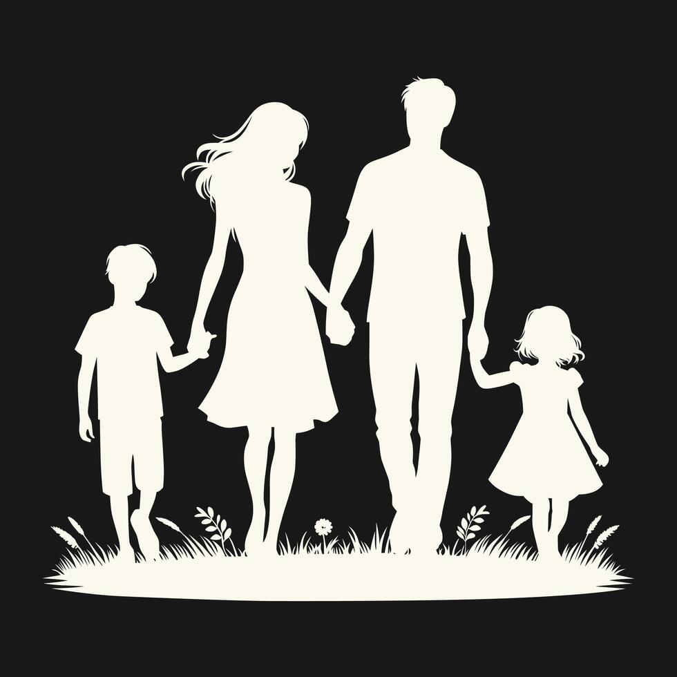 A black and white silhouette depicting a family, consisting of two adults and two children. vector