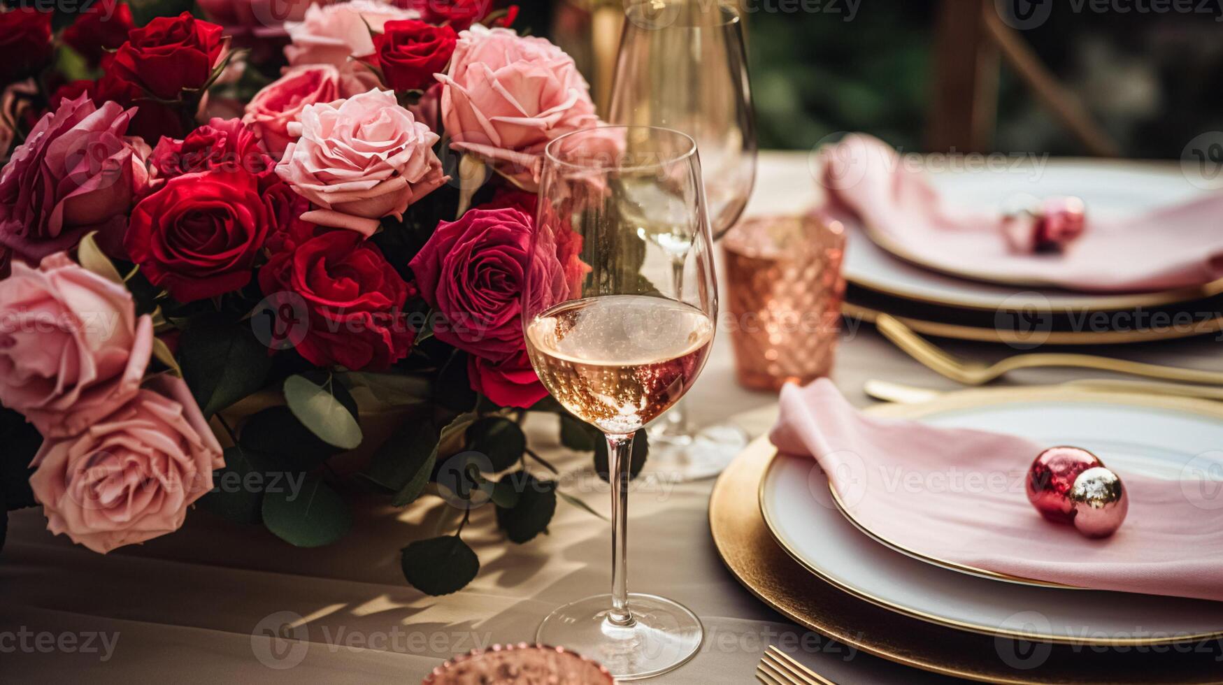 Wedding and event celebration tablescape with flowers, formal dinner table setting with roses and wine, elegant floral table decor for dinner party and holiday decoration, home styling photo