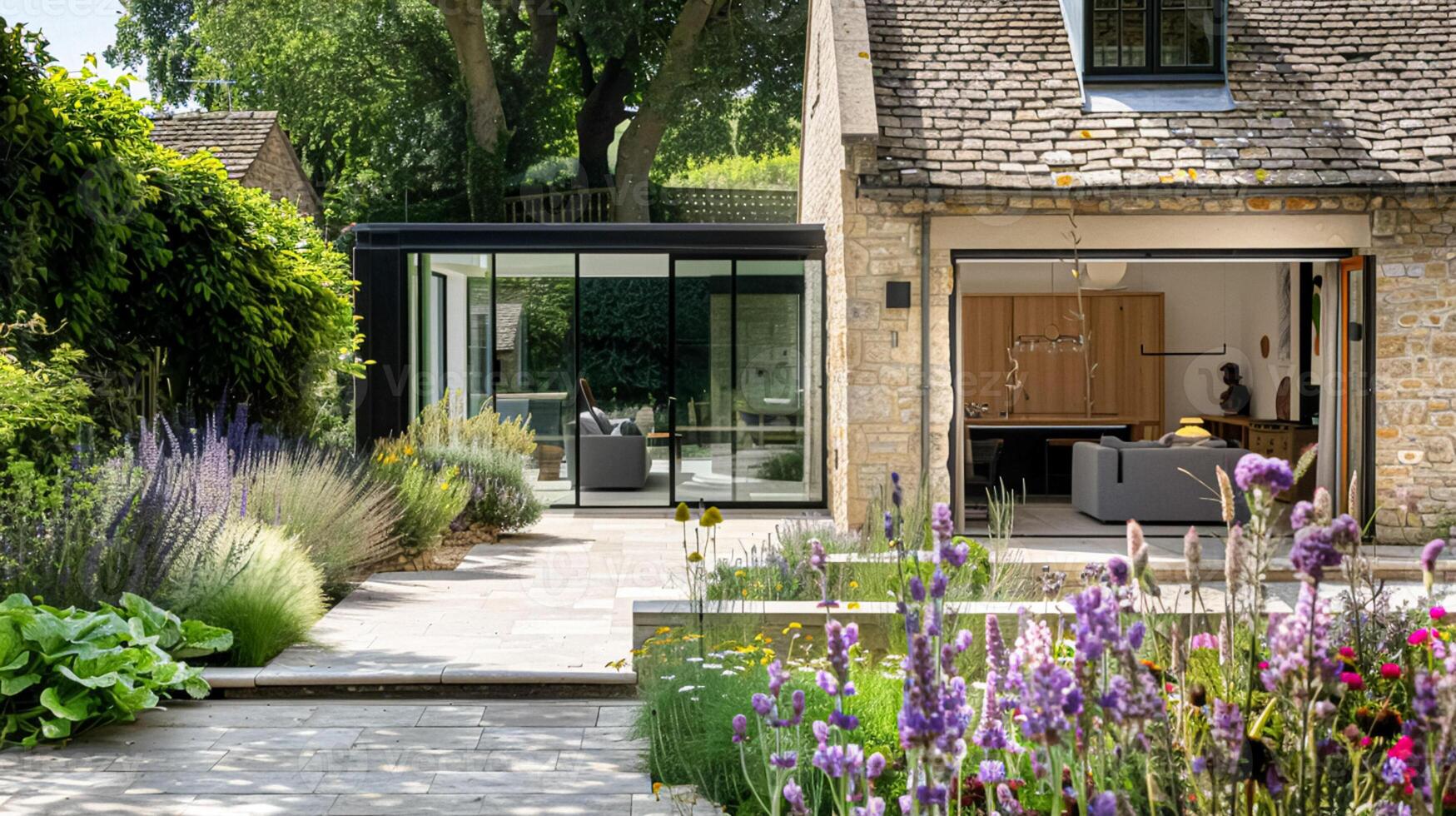Cotswolds cottage in the English countryside style, modern architecture and design photo