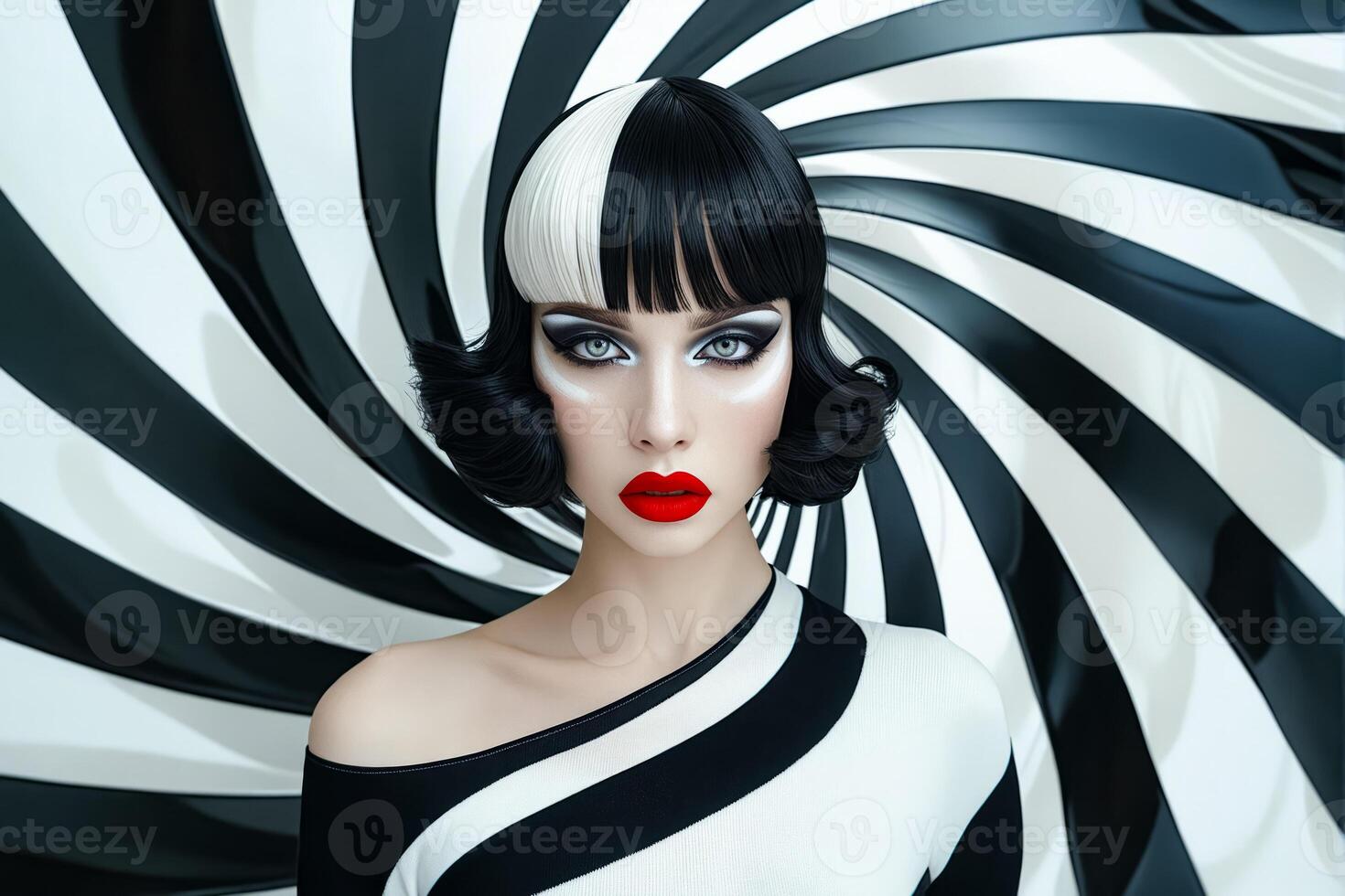 A woman with black and white hair and red lips photo