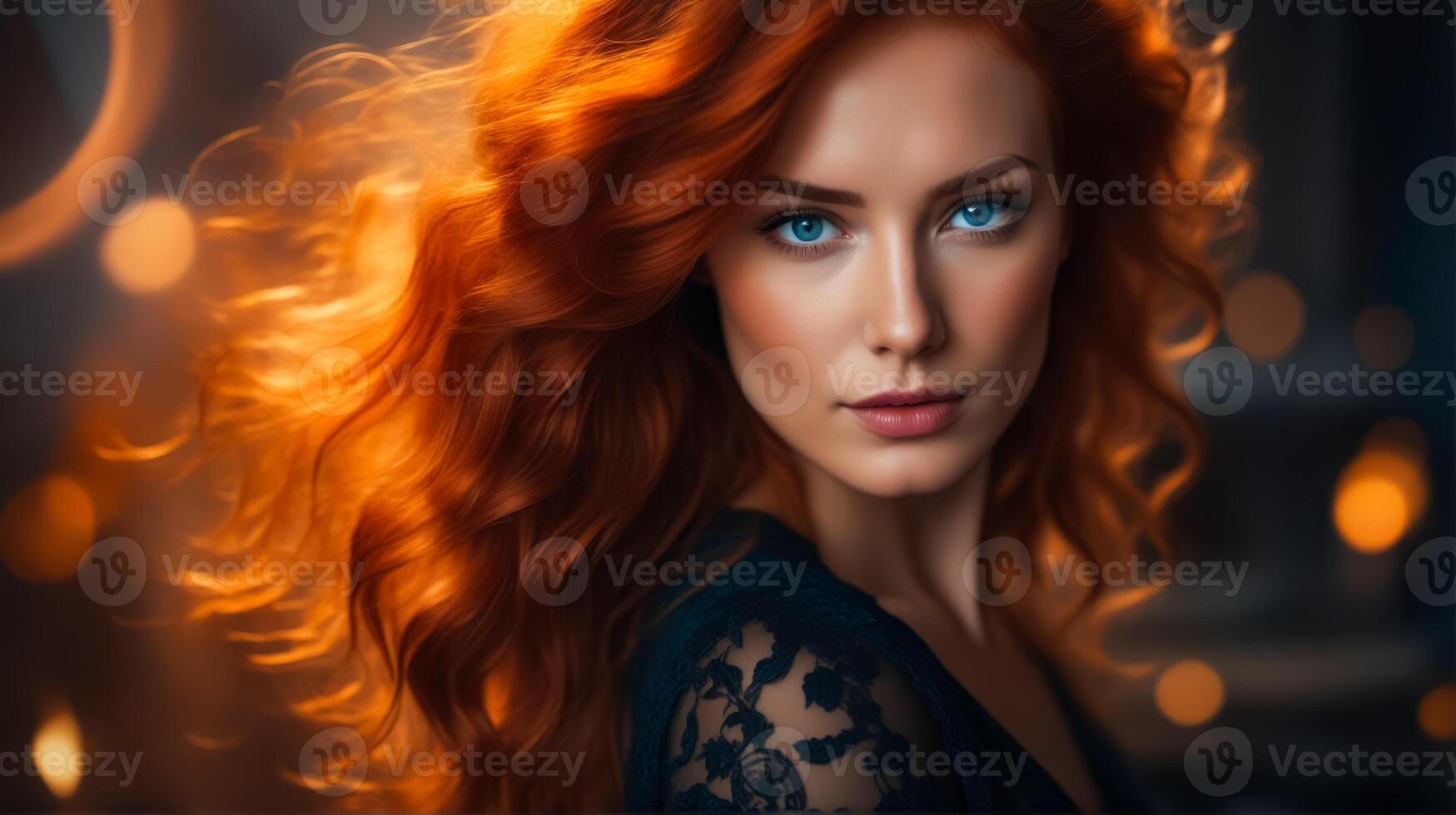A woman with long red hair and blue eyes is standing in front of a light photo