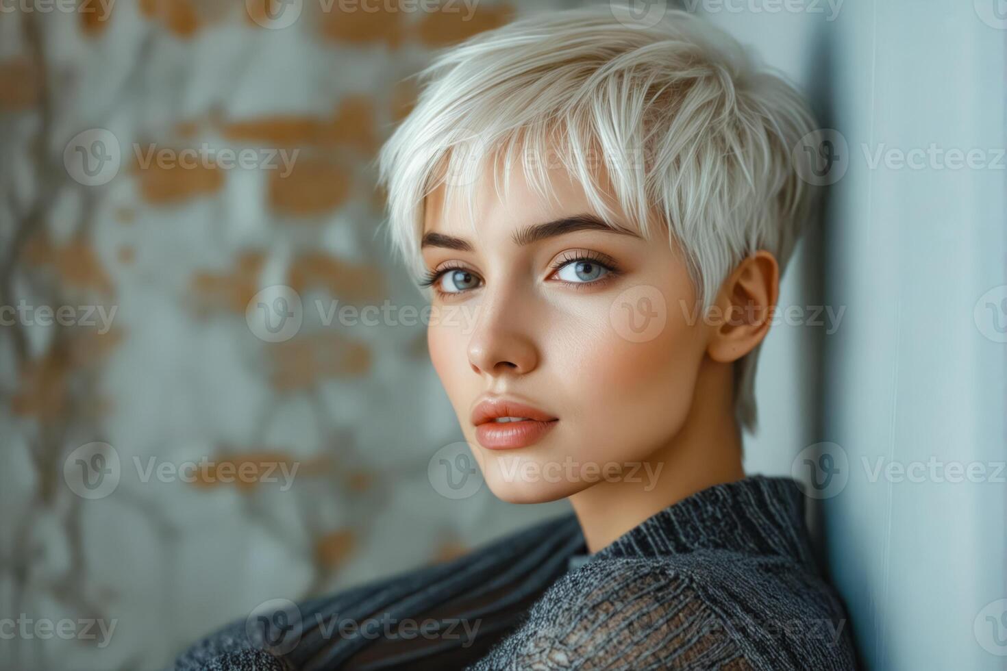 A woman with short blonde hair leaning against a wall photo