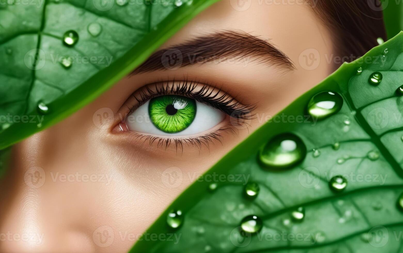 A woman's eye is shown through a leaf, with water droplets on the leaf photo