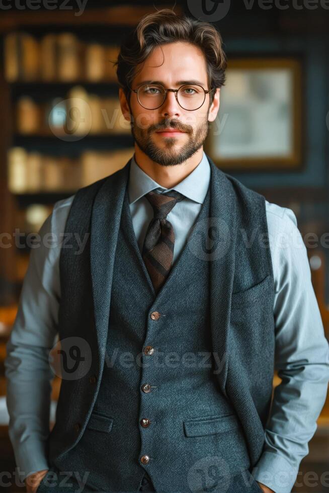 A man in glasses and vest standing in a library photo
