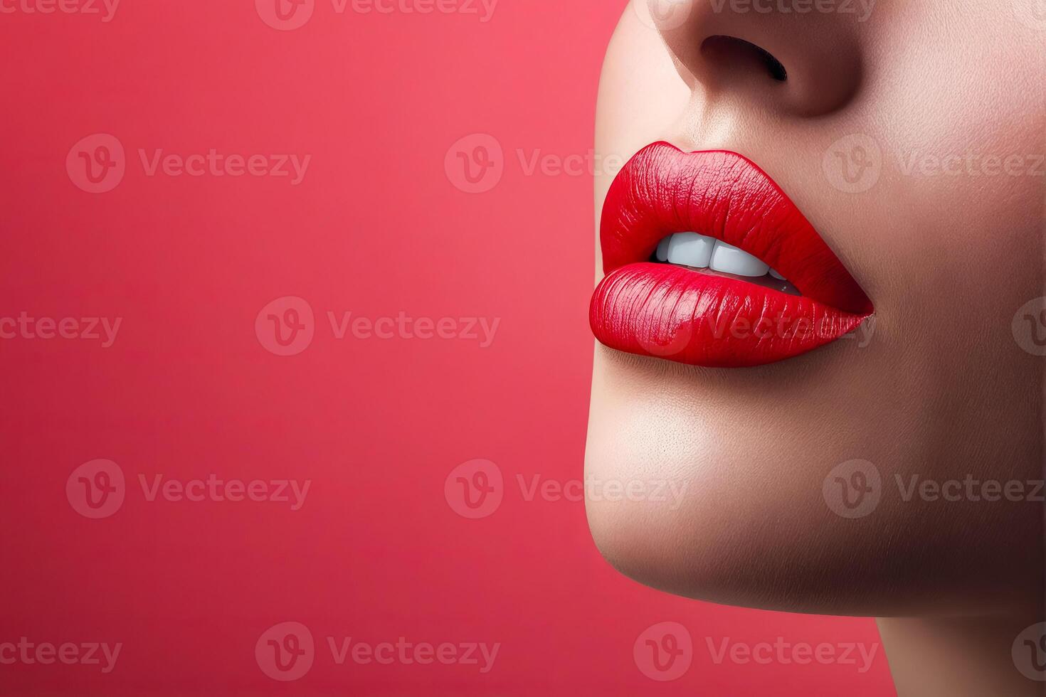 A woman with red lips and a white background photo