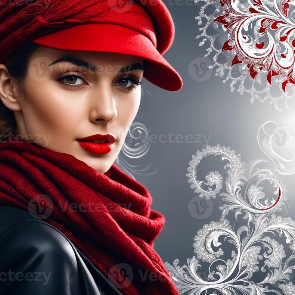 A woman wearing a red hat and scarf is the main focus of the image photo