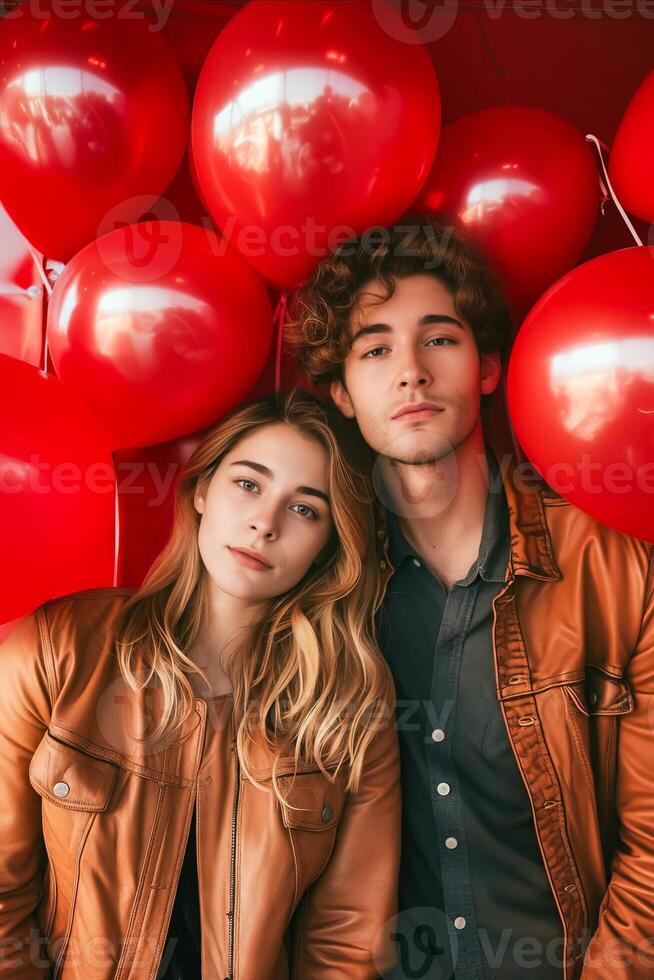 A couple posing in front of red balloons photo