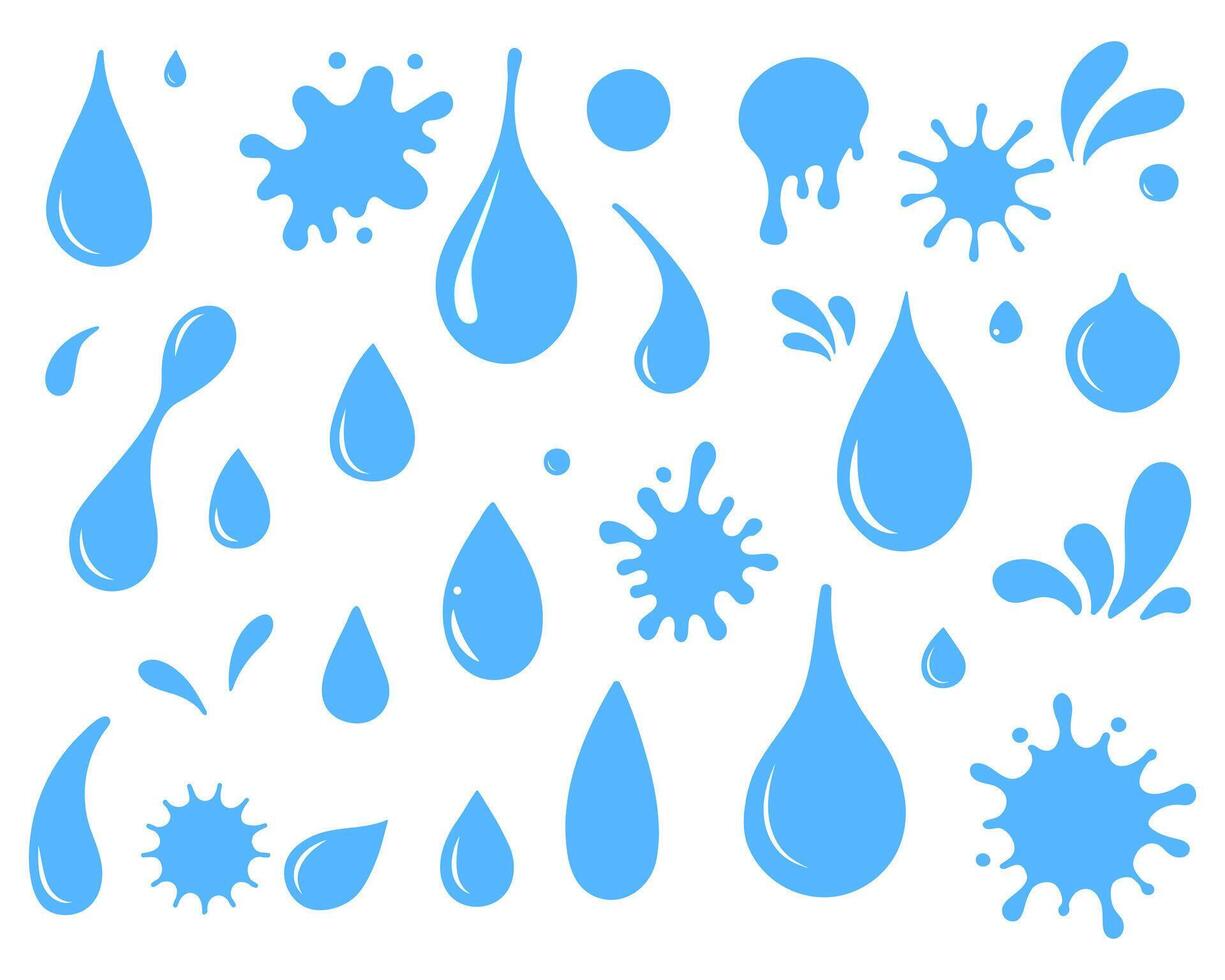 Water drops and splash silhouette set. Blue different liquid shapes collection isolated on white background. Simple doodle style. vector